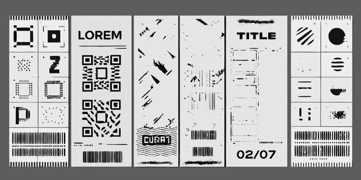 six vertical monochrome posters with qr codes and text barcodes grunge design graphic layout typography black white abstract pattern modern artwork visuals composition