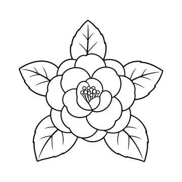 Black and white line art illustration of a camellia flower