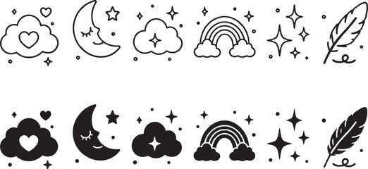 Isolated Celestial line art icons set, black and white dream elements with moon and clouds, magic stars and rainbow vector illustrations for baby nursery design ,Clean grouped each Icon © vectorzking