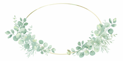 circular wreath with watercolor eucalyptus leaves on gold frame greenery floral ornament botanical nature decorative circle ring plant foliage artistic soft pastel natural © Apurba