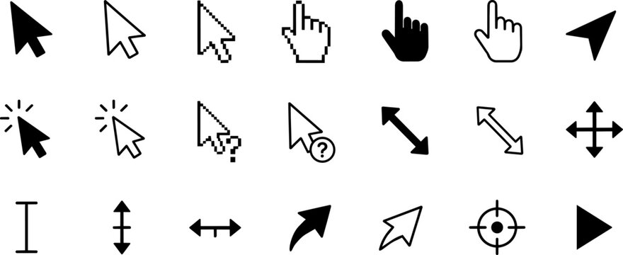 Isolated Computer cursor icon set, black and white mouse pointer vectors, digital interface arrow and hand clicker symbols for web design ,Clean grouped each Icon