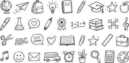 Naklejka premium Isolated Hand drawn school doodles vector set, black and white education icons collection, back to school line art elements for classroom learning ,Clean grouped each Icon