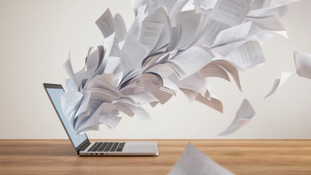 Laptop computer with many documents flying out of the screen