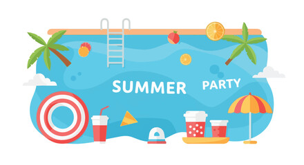 Fototapeta premium Vector illustration of a summer pool party, featuring a swimming pool with palm trees, tropical fruit, drinks, and beach accessories.