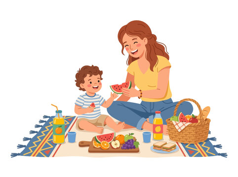 Mother and Child Enjoying Outdoor Art Picnic Together.