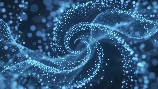 Abstract blue glowing particle spiral wave background representing technology and big data flow