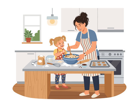 Mother and Daughter Baking Cookies Together in Kitchen.