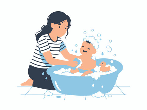 Mother Giving Baby Joyful Bath Time Together.