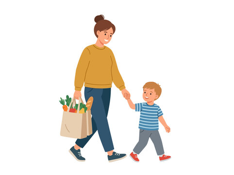Mother And Children Walking With Groceries Together.