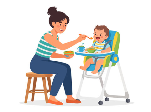 Mother Feeding Happy Baby In High Chair.