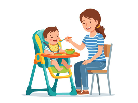 Mother Feeding Toddler In Colorful High Chair.