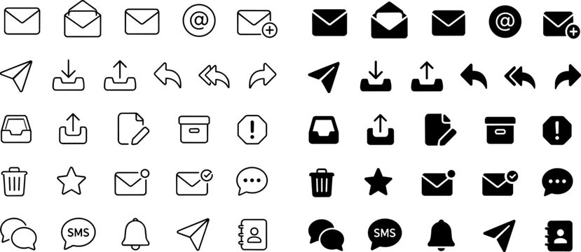 Isolated Minimalist email and communication icon set, 50 black line and solid vector symbols, professional messaging and mail interface elements ,Clean grouped each Icon