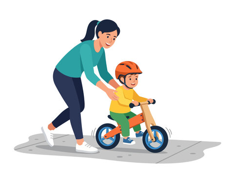 Mother Teaching Child To Ride Tricycle Outdoors.