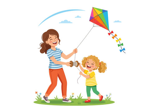Children Flying Colorful Kite Together Outdoors.