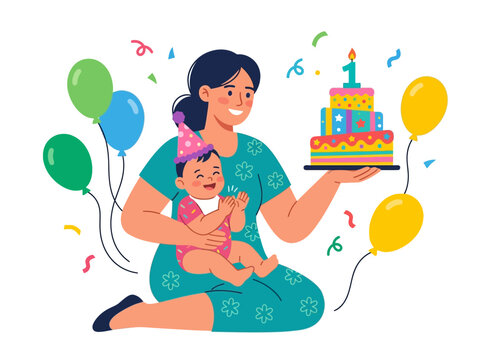 Mother Celebrating Baby First Birthday With Balloons.