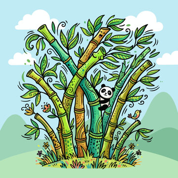 Cute Panda Bear Climbing Bamboo Forest, Vibrant Nature Illustration