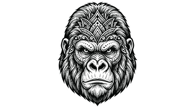 Black and white tattoo style illustration of a majestic gorilla head with geometric tribal patterns on forehead, intense eyes, bold silverback features, and symmetrical composition.
