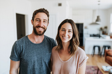 Fototapeta premium Happy couple smiles warmly in bright, modern home. Soft natural light fills open kitchen and living space. Wood floors, minimalist decor, and cozy atmosphere. Perfect for family, home