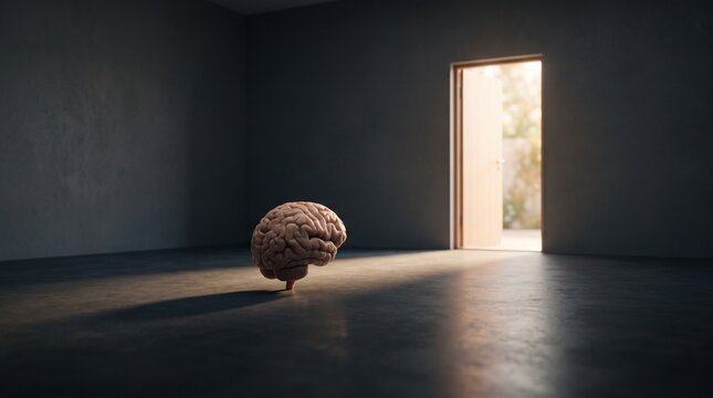 A human brain floating in a dark empty room with bright light shining through an open doorway in the background