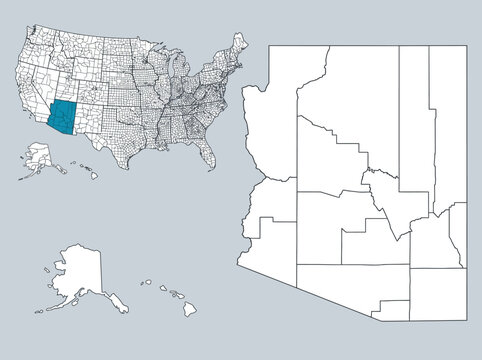 Arizona State Map with County Borders Highlighted on United States Map