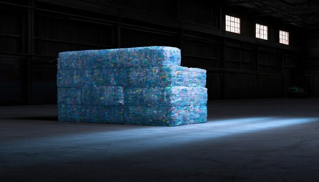 Compressed plastic bottles stacked in a warehouse, illuminated by shafts of light