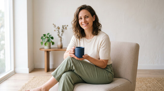Smiling woman sitting on chair holding coffee mug in minimal light interior.