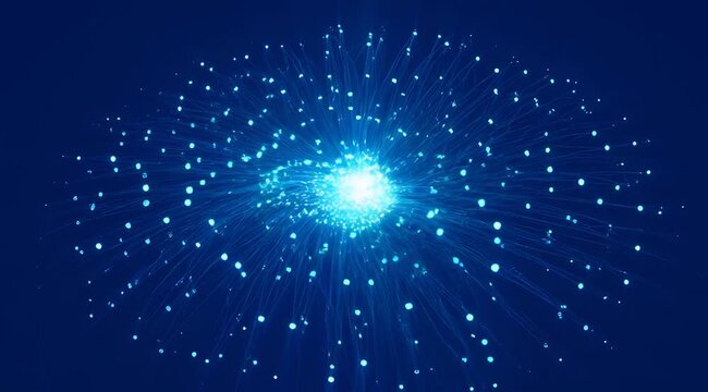 Abstract blue energy sphere with glowing particles and data flow, futuristic motion graphics, digital connectivity, network nodes, technology simulation