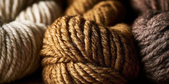 Close-up of Thick, Natural Fiber Yarn Skeins in Earthy Tones.