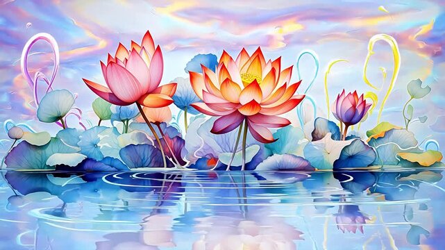 Digital vintage watercolor lotus floral bouquet abstract background