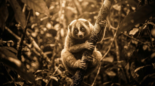 Adorable slow loris clinging to tree branch in lush forest