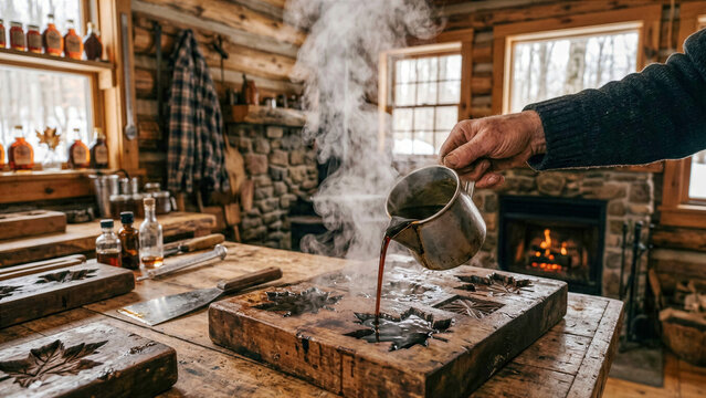 Hand pouring dark hot syrup into traditional wooden molds, maple sugar candy cozy timber cabin interior.