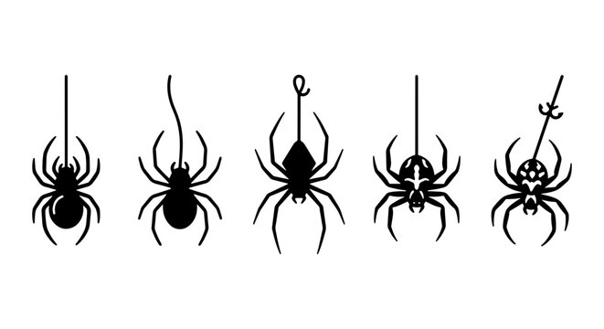Spooky Halloween Spider Icons, Vector Set. Creepy Arachnid Graphics for Holiday Design