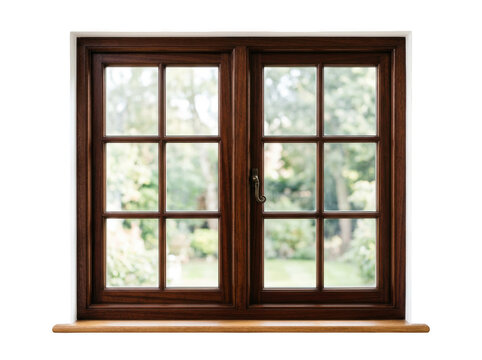 Classic wooden window frame. Vintage casement window with a view of a green garden.