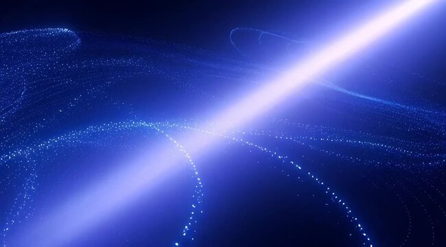 Abstract blue light particles swirling around glowing beam, digital data flow, network connection, science fiction tech background motion