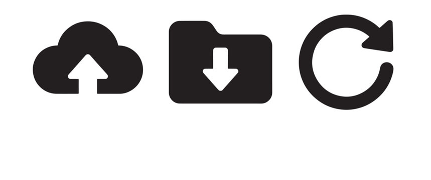 Three black showing a cloud with an upward arrow, a folder with a downward arrow, and a circular refresh arrow symbol on a white background