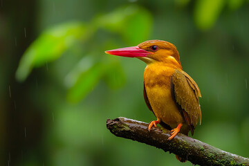 Fototapeta premium Vibrant Ruddy Kingfisher Perched on a Branch in a Lush Green Forest.