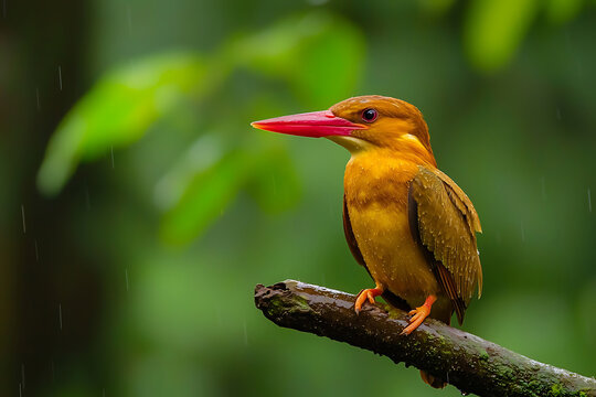 Vibrant Ruddy Kingfisher Perched on a Branch in a Lush Green Forest.