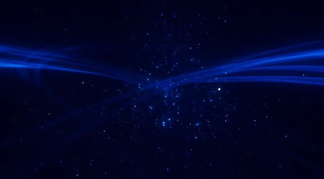 Abstract blue light streaks and glowing particles flowing in dark space, digital motion background, futuristic energy trails, data network visualization