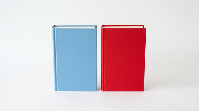 Two hardcover books in red and blue standing on white.