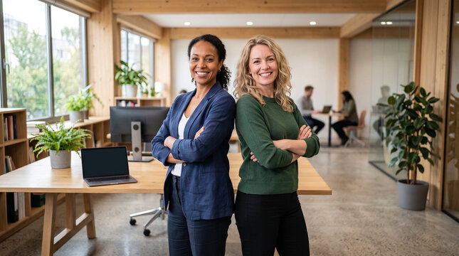 Two professional women standing with arms crossed in sunny office.