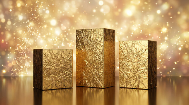 Three golden textured square pillars on reflective surface.