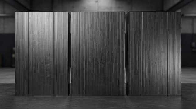 Three vertical dark charcoal textured monoliths standing in a minimalist concrete room.