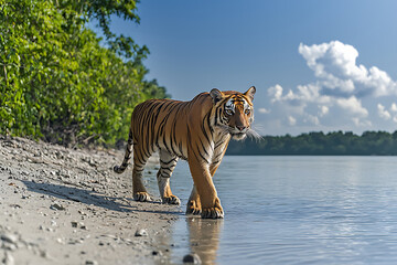 Fototapeta premium Majestic Bengal Tiger Walking Along a Riverbank in a Lush Green Forest.