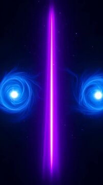 Abstract cosmic animation featuring glowing blue nebulae and a vertical purple beam of light in deep space, sci-fi particle energy background