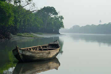Obraz premium Old Wooden Boat Floating on a Serene River Surrounded by Lush Greenery.