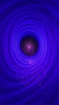 Abstract dark blue vortex with swirling light particle tunnels, energetic cosmic motion background for futuristic digital media displays