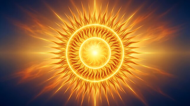 Golden celestial sun with intricate flaming rays and light effects
