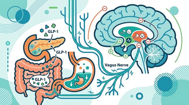 Infographic of glp-1 hormone interaction with brain and gut