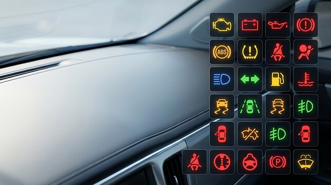 Various illuminated car dashboard warning and indicator icons