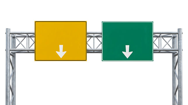 Blank highway overhead gantry sign, empty green and yellow road signage boards, metal motorway directional signpost with arrows isolated on Transparent Background